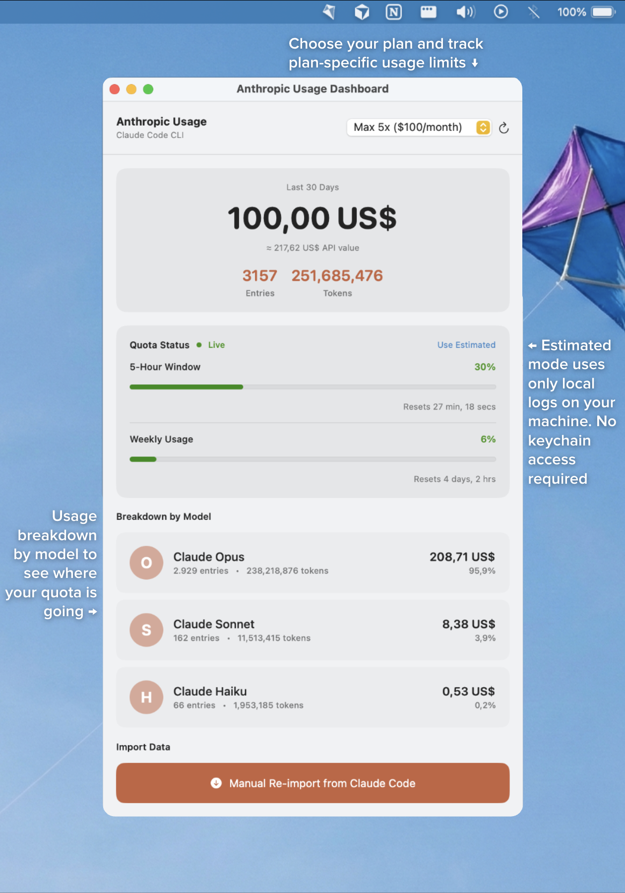 Claude dashboard with plan-specific usage limits