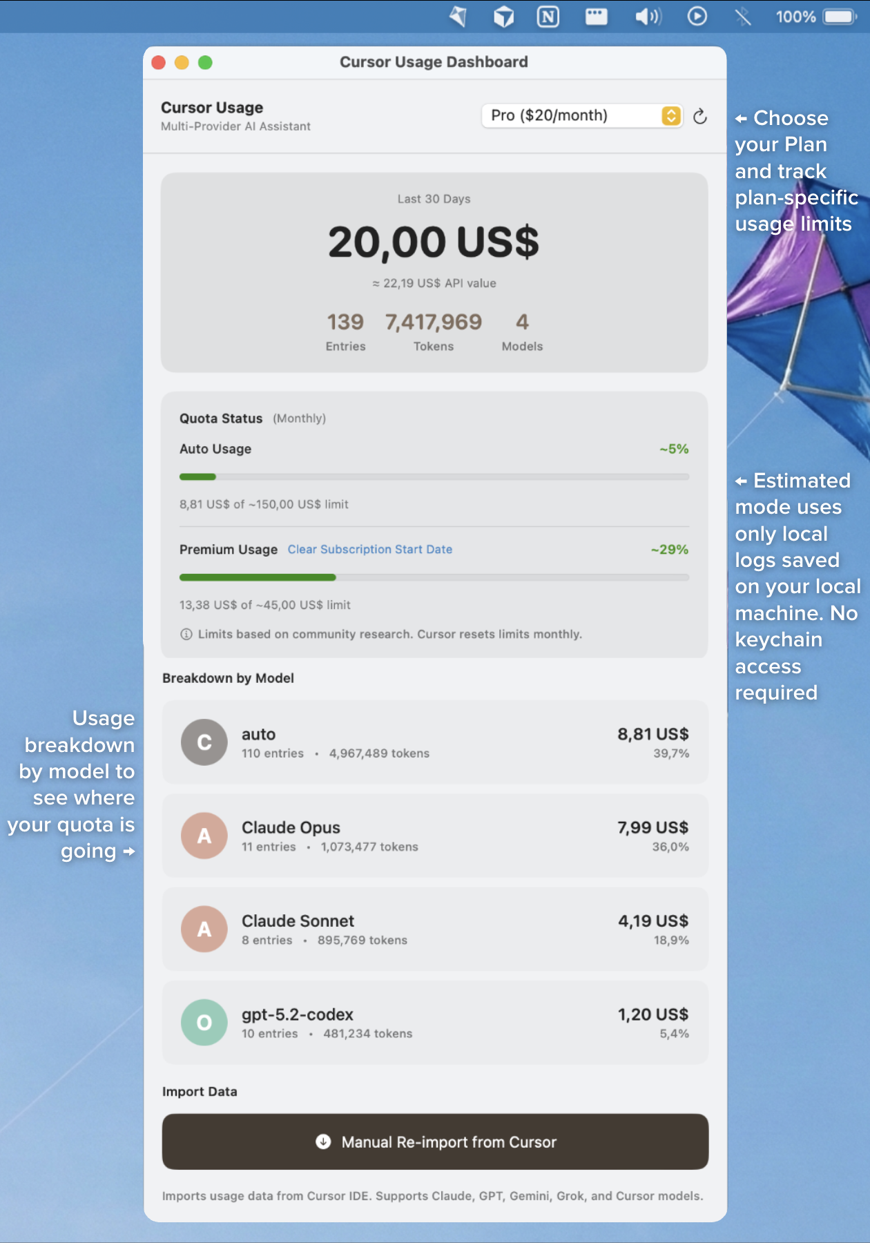 Cursor dashboard with Auto and Premium model usage